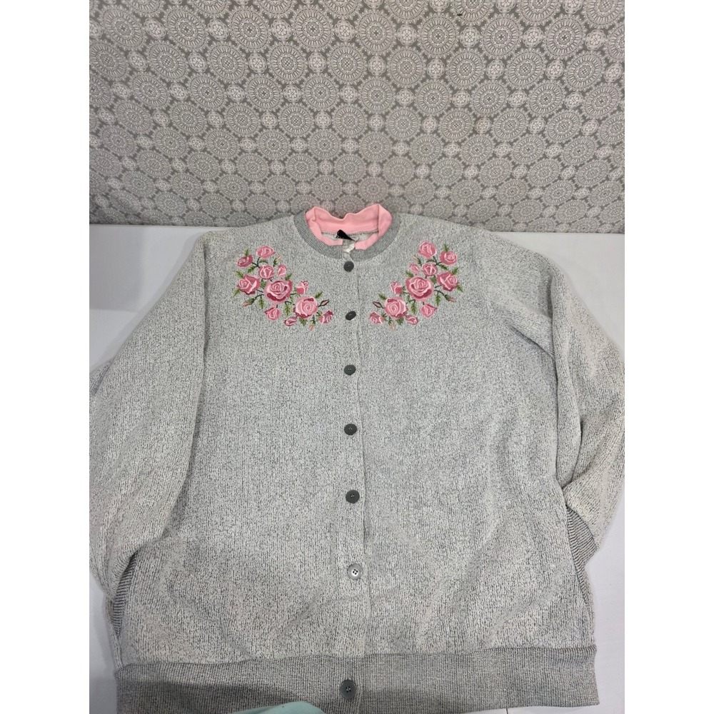 Bon Worth Womens Cardigan Sweater‎ L Gray Pink Rose Floral Embroidered Button Up